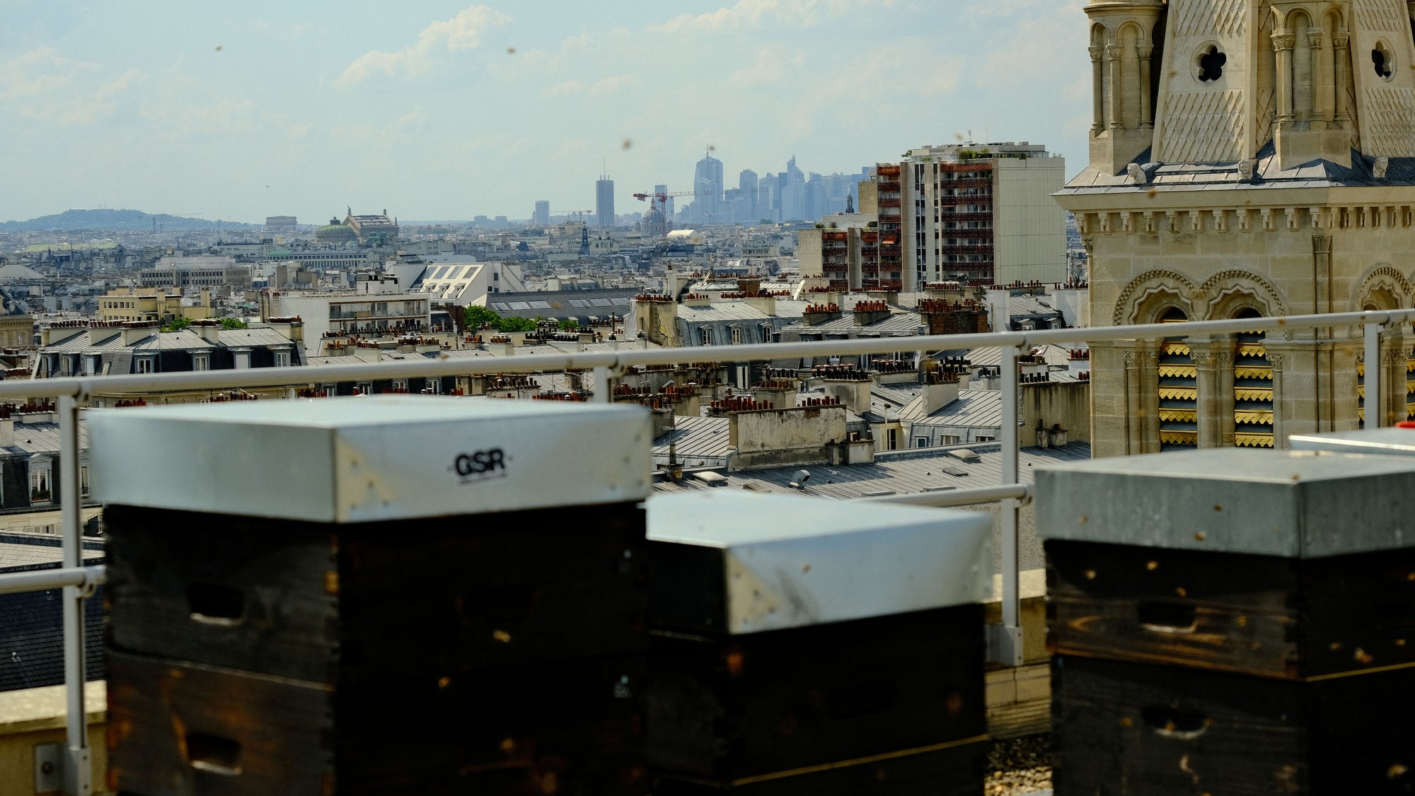 Ruches en bois sur un toit parisien avec vue sur La Défense – Les Ruches Noires